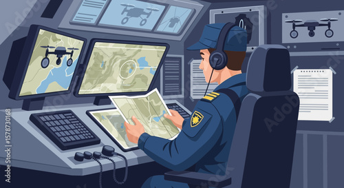 Operator Sits In Control Room Monitoring Drones And Observing Navigation Map