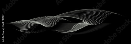 An abstract vector illustration featuring moving dots that form elegant wave patterns against a black background — symbolizing technology, sound waves, and musical rhythm.