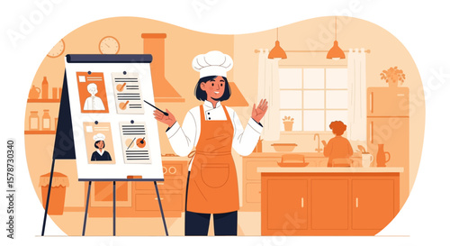 Cheerful Chef Explaining Recipe On Presentation Board In Kitchen Interior