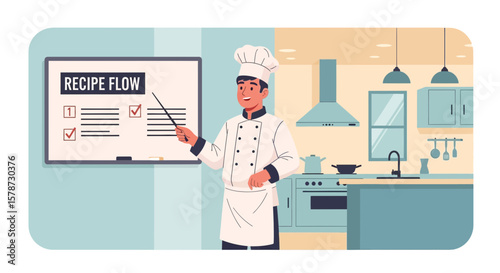 Chef Explaining The Recipe Flow On The Board In A Kitchen