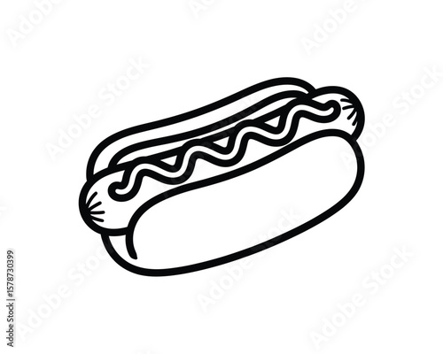 Minimalist hot dog line drawing in dark blue with mustard squiggle on bun, centered vector graphic on white, perfect for cafe branding, fast food icons, and food illustrations