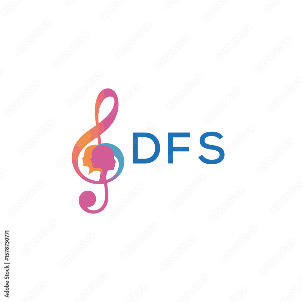Fototapeta premium DFS “Creative music logo with human silhouettes and treble clef in gradient colors, DFS Later Logo, modern artistic design isolated on white background” 