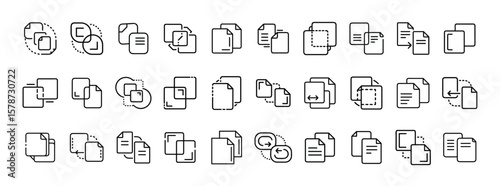 File and document line icon set. Vector pictograms of files, duplicate files, shared documents, attachments, file transfer, paper sheets, download, upload, thin linear illustration.
