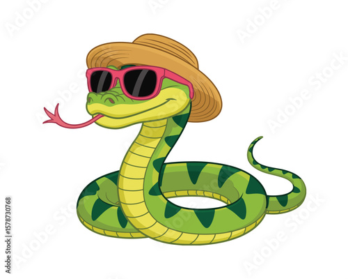 Cool cartoon snake vector with sunglasses and straw hat – green snake with yellow belly and pink tongue in a fun coiled pose, perfect for kids designs, character branding, or stickers