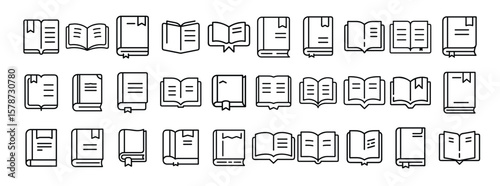 Book and publication line icon set. Vector pictograms of open book, closed book, textbook, e-book, journal, manual, notebook, diary, library material, thin linear illustration.