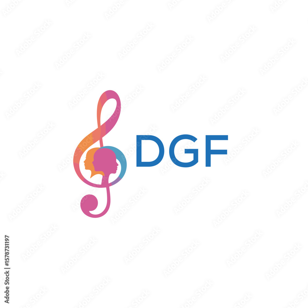 Obraz premium DGF “Creative music logo with human silhouettes and treble clef in gradient colors, DGF Later Logo, modern artistic design isolated on white background” 