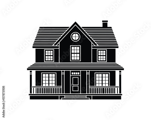 Gable Roof House Graphic - Clean Line Art with Chimney and Grid Windows
