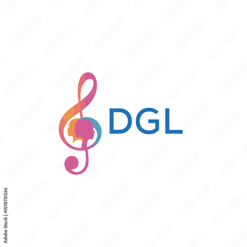 Fototapeta premium DGL “Creative music logo with human silhouettes and treble clef in gradient colors, DGL Later Logo, modern artistic design isolated on white background” 