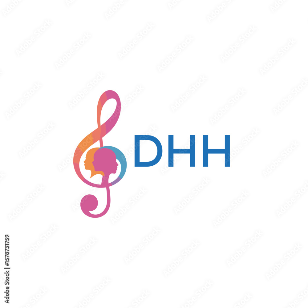 Fototapeta premium DHH “Creative music logo with human silhouettes and treble clef in gradient colors, DHH Later Logo, modern artistic design isolated on white background” 