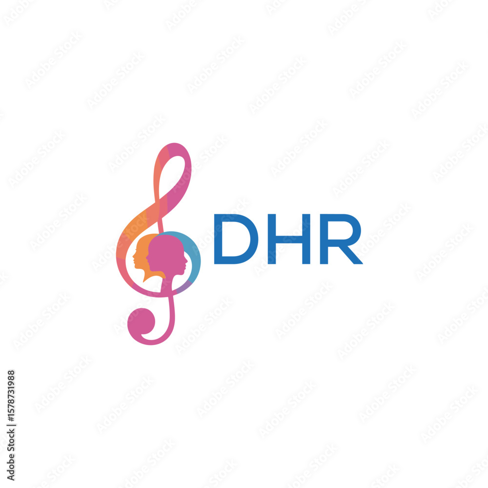 Fototapeta premium DHR “Creative music logo with human silhouettes and treble clef in gradient colors, DHR Later Logo, modern artistic design isolated on white background” 