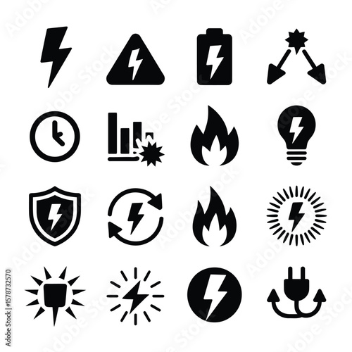 Collection of Sixteen Black Electricity Power Energy Icons Symbols Set on White Background Lightning Bolt Flash Flame Fire Plug Battery Warning Sign Shield Clock Graph