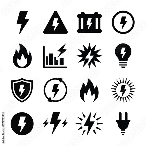 Collection of Sixteen Black Electricity Power Energy Icons Symbols Set on White Background Lightning Bolt Flash Flame Fire Plug Shield Warning Sign Battery Graph Light Bulb