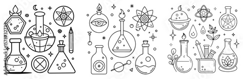Set of Alchemy Symbols Coloring Book Page - Outline Vector Line Art