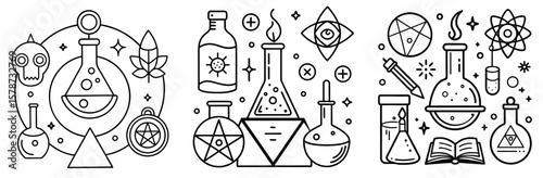 Set of Alchemy Symbols Coloring Book Page - Outline Vector Line Art
