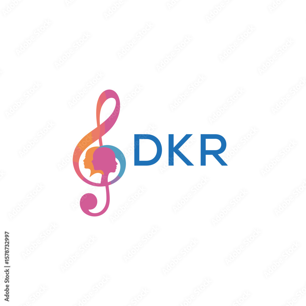 Fototapeta premium DKR “Creative music logo with human silhouettes and treble clef in gradient colors, DKR Later Logo, modern artistic design isolated on white background” 