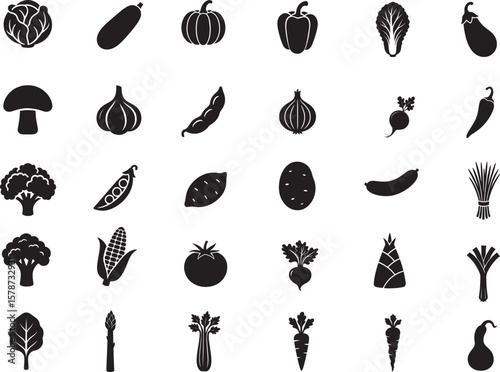 Vegetable silhouette icon set in black vector style featuring organic produce including leafy greens roots herbs and cooking ingredients for healthy food design farming and nutrition graphics