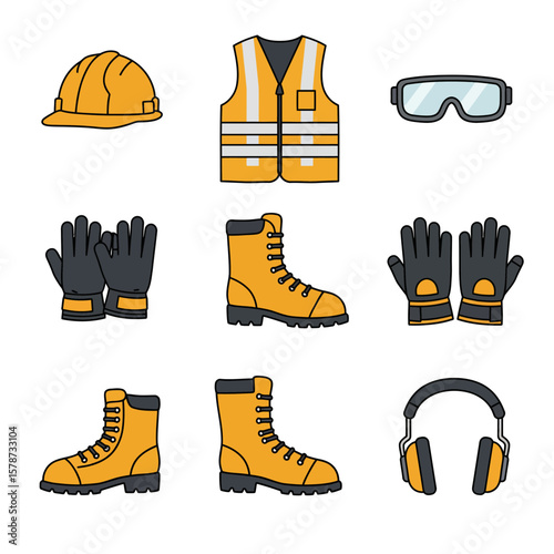 A collection of essential personal protective equipment icons, including a hard hat, safety vest, goggles, gloves, boots, and ear protection, for workplace safety.