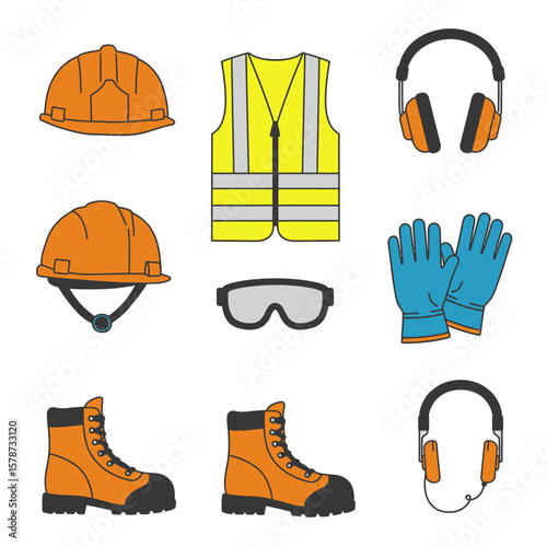 A comprehensive set of essential personal protective equipment (PPE) items, featuring hard hats, safety vests, gloves, and boots, depicted as flat vector illustrations.
