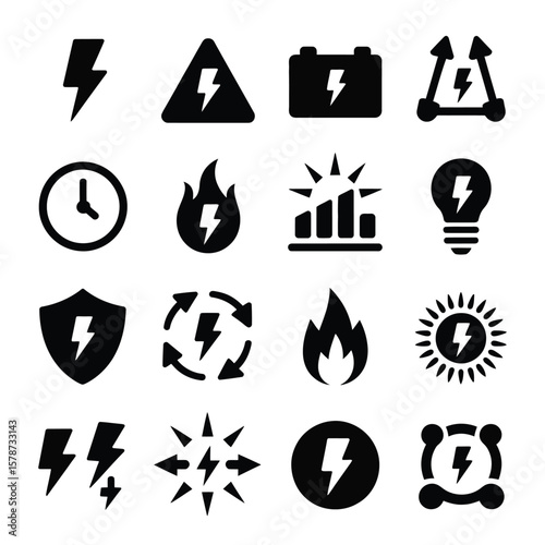 Collection of Sixteen Black Electricity Power Icons on White Background Illustrating Energy Concepts such as Lightning Bolt Battery Warning Sign Flame Clock Graph Lightbulb
