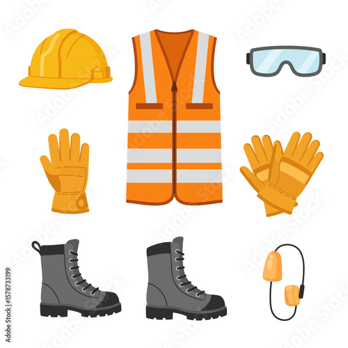 A vector illustration shows essential construction safety equipment, including a hard hat, safety vest, gloves, boots, goggles, and earplugs, set against a clean white background.