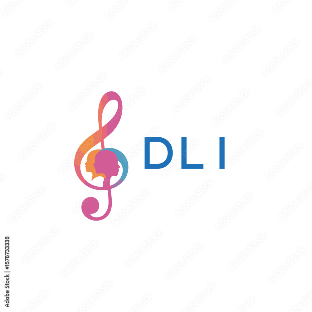 Obraz premium DLI “Creative music logo with human silhouettes and treble clef in gradient colors, DLI Later Logo, modern artistic design isolated on white background” 