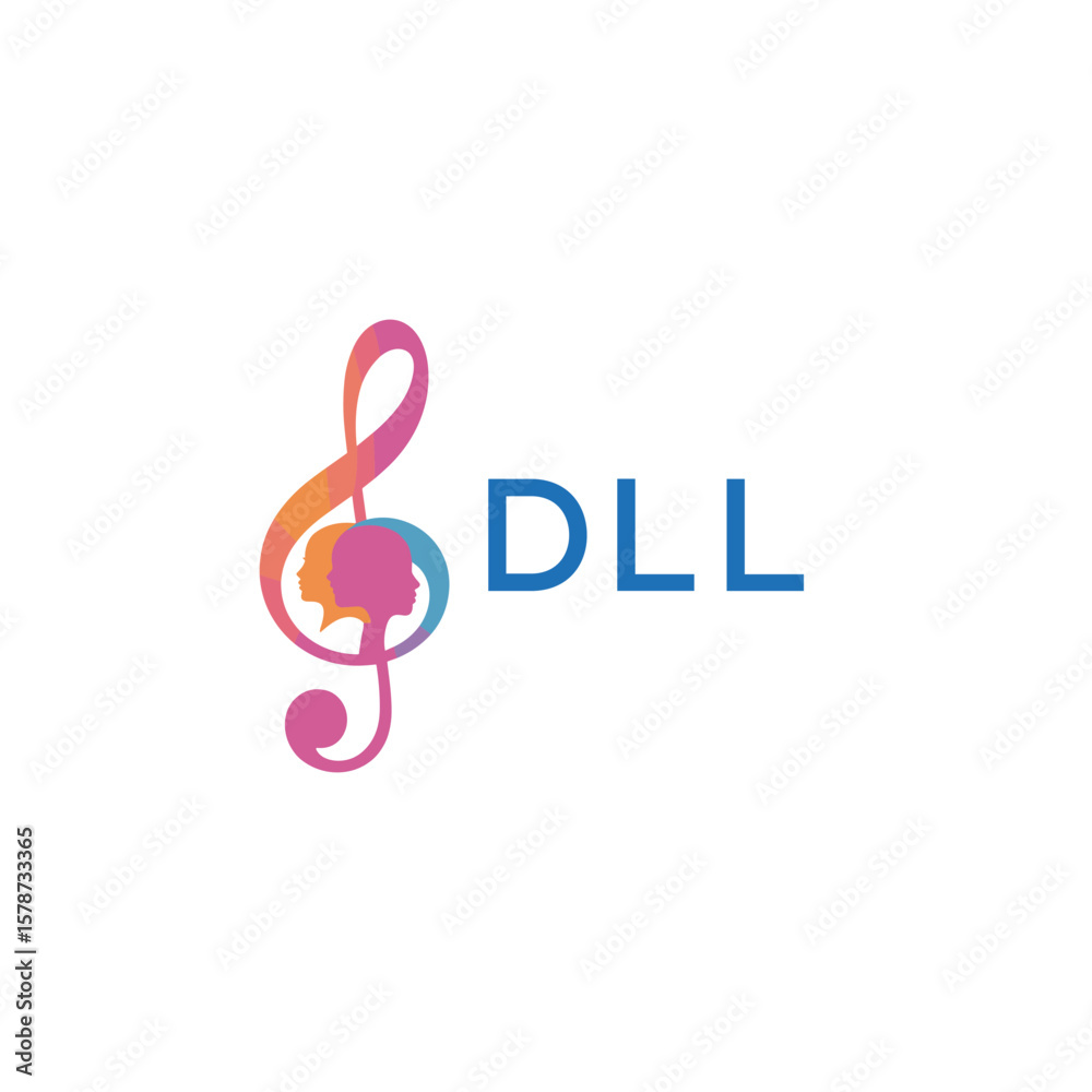Fototapeta premium DLL “Creative music logo with human silhouettes and treble clef in gradient colors, DLL Later Logo, modern artistic design isolated on white background”