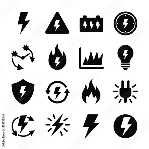 Collection of Sixteen Black Electricity Power Icons Symbols Set Lightning Bolt Energy Battery Plug Flame Warning Sign Clock Graphic Design Elements