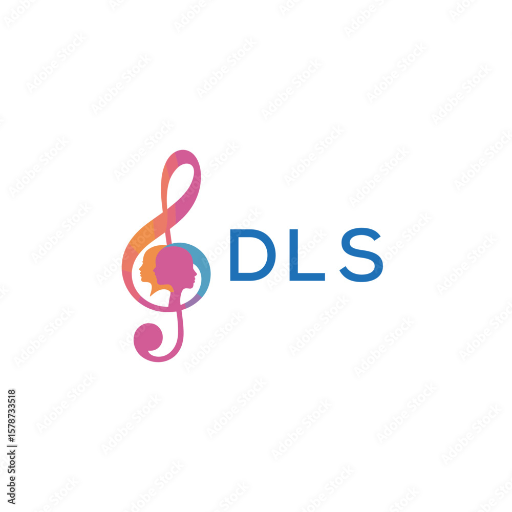 Fototapeta premium DLS “Creative music logo with human silhouettes and treble clef in gradient colors, DLS Later Logo, modern artistic design isolated on white background”