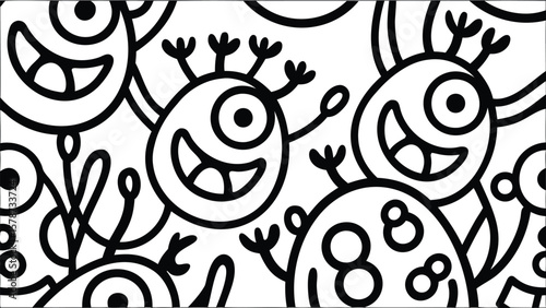 Black and white doodle pattern featuring whimsical cartoon monsters with exaggerated features and expressions