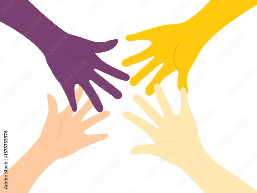 Group of diverse hands joining in center. Animation showing teamwork, volunteer spirit, and unity for success. Symbol of cooperation and shared goals. Group of diverse hands joining in center. Animation showing teamwork, volunteer spirit, and unity for success. Symbol of cooperation and shared goals.