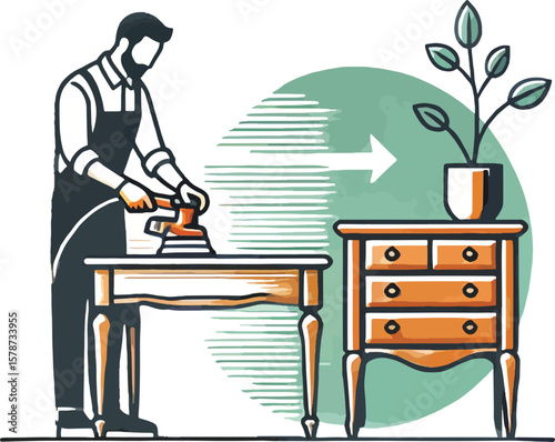 Furniture restoration process depicted with craftsman sanding table and finished dresser illustration