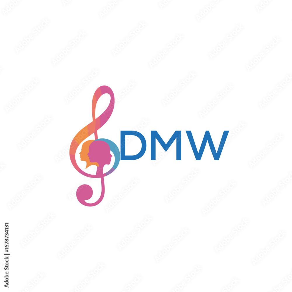 Fototapeta premium DMW “Creative music logo with human silhouettes and treble clef in gradient colors, DMW Later Logo, modern artistic design isolated on white background”