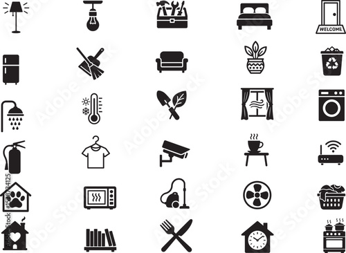 Home and daily life icon collection in black silhouette style including furniture appliances cleaning tools bathroom items and interior symbols for household design and lifestyle graphics