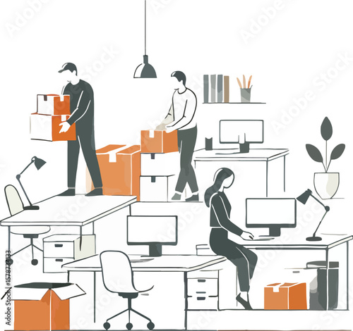 Office relocation scene depicting people moving boxes and working in a new workspace