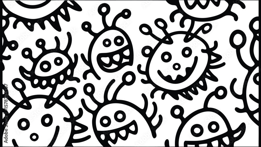 Fototapeta premium Black and white illustration of cartoon monsters with various expressions and antenna like features