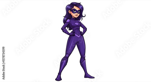 Cartoon Illustration of a Confident Purple Superhero Woman