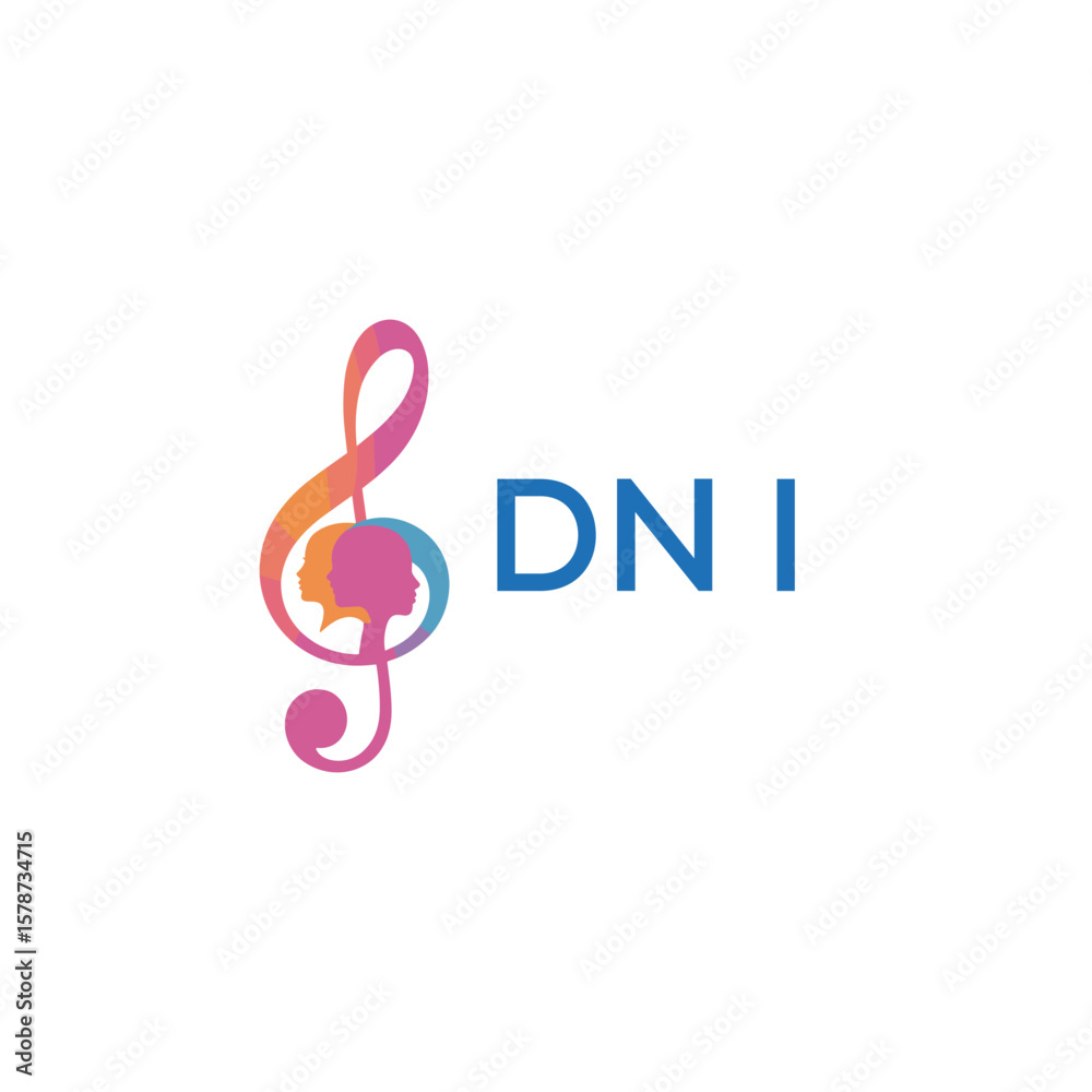 Fototapeta premium DNI “Creative music logo with human silhouettes and treble clef in gradient colors, DNI Later Logo, modern artistic design isolated on white background”