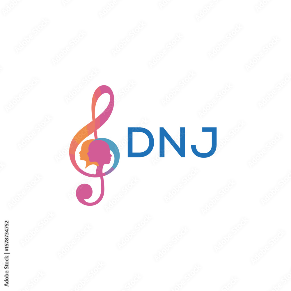 Fototapeta premium DNJ “Creative music logo with human silhouettes and treble clef in gradient colors, DNJ Later Logo, modern artistic design isolated on white background” 