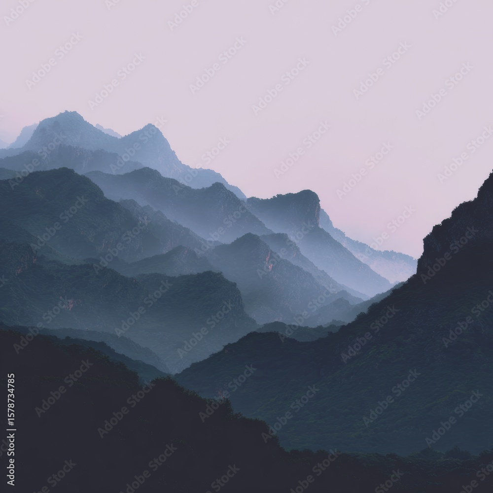Fototapeta premium Serene Mountain Landscape at Dusk with Soft Pink Sky and Peaks