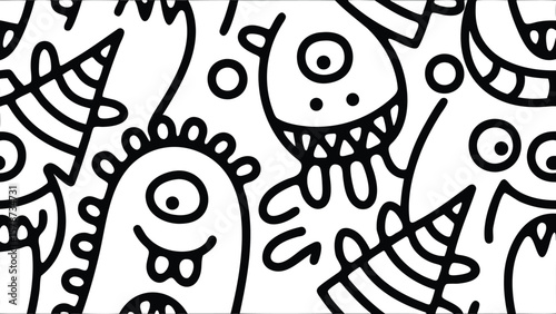 Seamless pattern of cartoon monsters with various shapes and expressions in black and white design