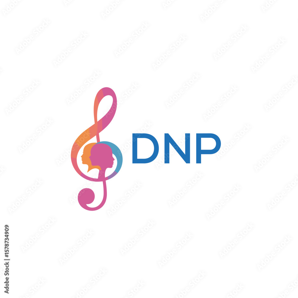 Obraz premium DNP “Creative music logo with human silhouettes and treble clef in gradient colors, DNP Later Logo, modern artistic design isolated on white background” 