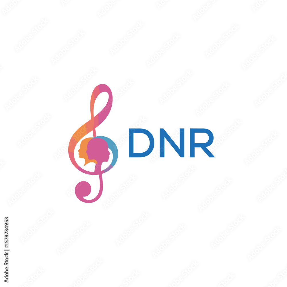 Fototapeta premium DNR “Creative music logo with human silhouettes and treble clef in gradient colors, DNR Later Logo, modern artistic design isolated on white background” 