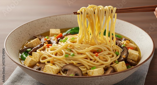 Delicious Asian Noodle Soup with Tofu and Mushrooms