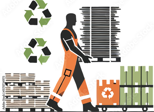 Worker transporting recycling pallets and cardboard boxes for environmental protection and sustainability
