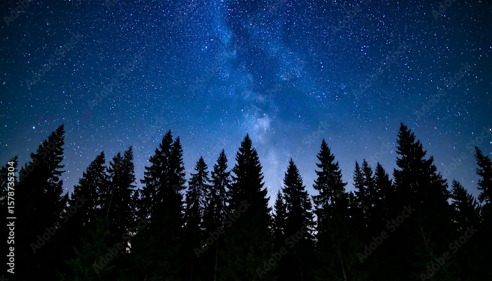 Fototapeta premium Silhouetted trees against a starry night sky with Milky Way