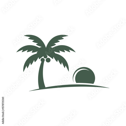 Tropical palm tree with sun on the horizon, representing holidays, beach, and tourism