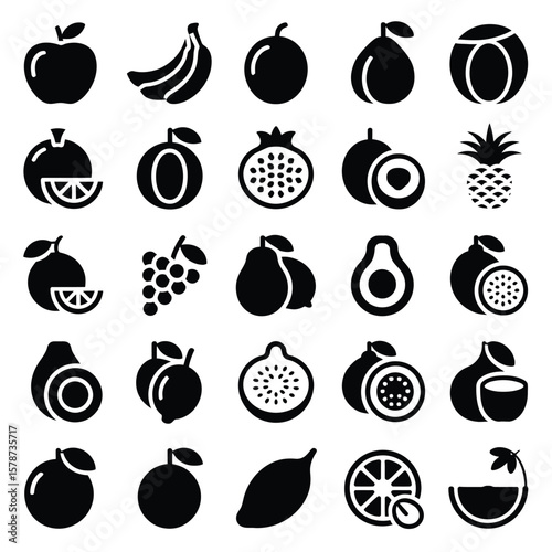 Collection of Thirty Black and White Fruit Icons Apple Banana Orange Grapefruit Watermelon Lemon Lime Pomegranate Passion Fruit Pineapple Grape Pear Avocado Fig Mandarin Orange