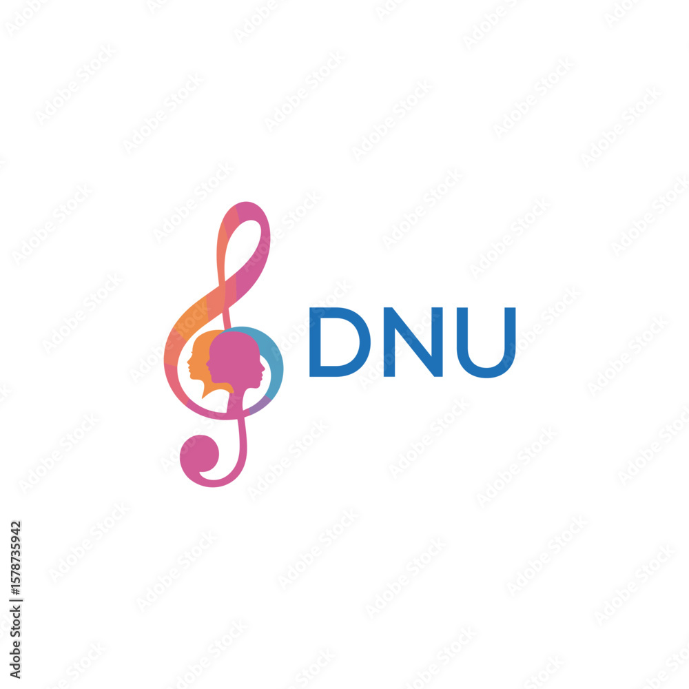 Fototapeta premium DNU “Creative music logo with human silhouettes and treble clef in gradient colors, DNU Later Logo, modern artistic design isolated on white background”