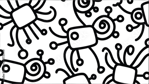 Black and white pattern featuring stylized microbes with square bodies and circular appendages all over surface