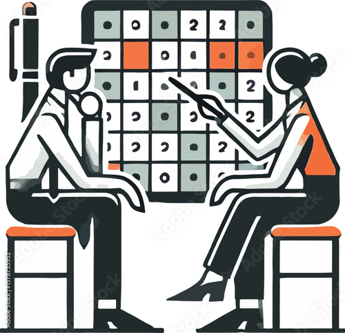 Business partners collaborating analyzing data and solving a problem in a flat illustration